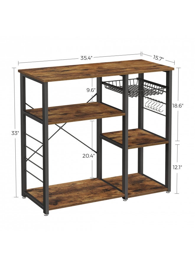 VASAGLE ALINRU Kitchen Bakers Rack, Coffee Bar, Microwave Oven Stand, with Steel Frame, Wire Basket, 6 Hooks, 35.4", Rustic Brown