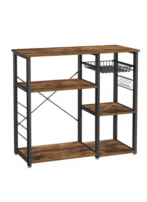 VASAGLE ALINRU Kitchen Bakers Rack, Coffee Bar, Microwave Oven Stand, with Steel Frame, Wire Basket, 6 Hooks, 35.4", Rustic Brown