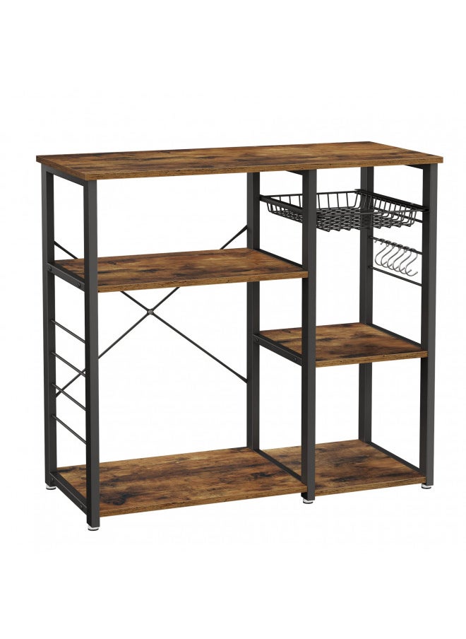 VASAGLE ALINRU Kitchen Bakers Rack, Coffee Bar, Microwave Oven Stand, with Steel Frame, Wire Basket, 6 Hooks, 35.4", Rustic Brown
