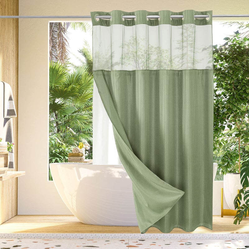 Gibelle Long Shower Curtain 72x80  Waffle Weave Bathroom Shower Curtain with Snap-in Fabric Liner Set  No Hooks Needed  Hotel Style with Mesh Top Window  Sage Green - Image 1