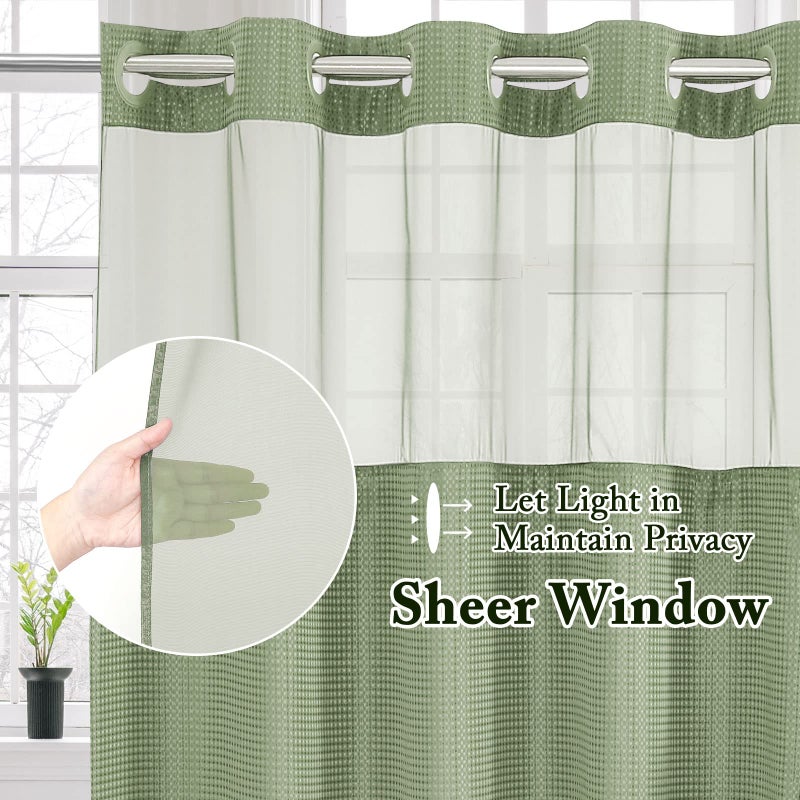 Gibelle Long Shower Curtain 72x80  Waffle Weave Bathroom Shower Curtain with Snap-in Fabric Liner Set  No Hooks Needed  Hotel Style with Mesh Top Window  Sage Green - Image 2