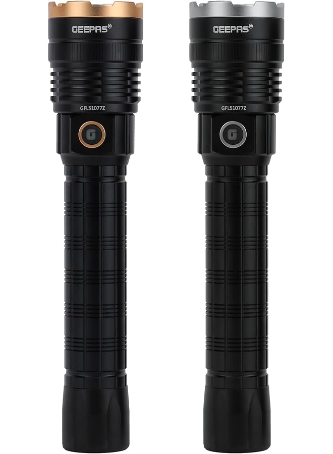 GEEPAS 2 Pcs Rechargeable Water Proof Led Flashlight 3000 Mah Super Bright Light Rechargeable Flashlight Aluminum Body Water Proof Highly Durable Cree Led Lights Silver Gfl51077 - Image 1