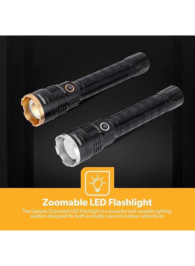 GEEPAS 2 Pcs Rechargeable Water Proof Led Flashlight 3000 Mah Super Bright Light Rechargeable Flashlight Aluminum Body Water Proof Highly Durable Cree Led Lights Silver Gfl51077 - Image 3