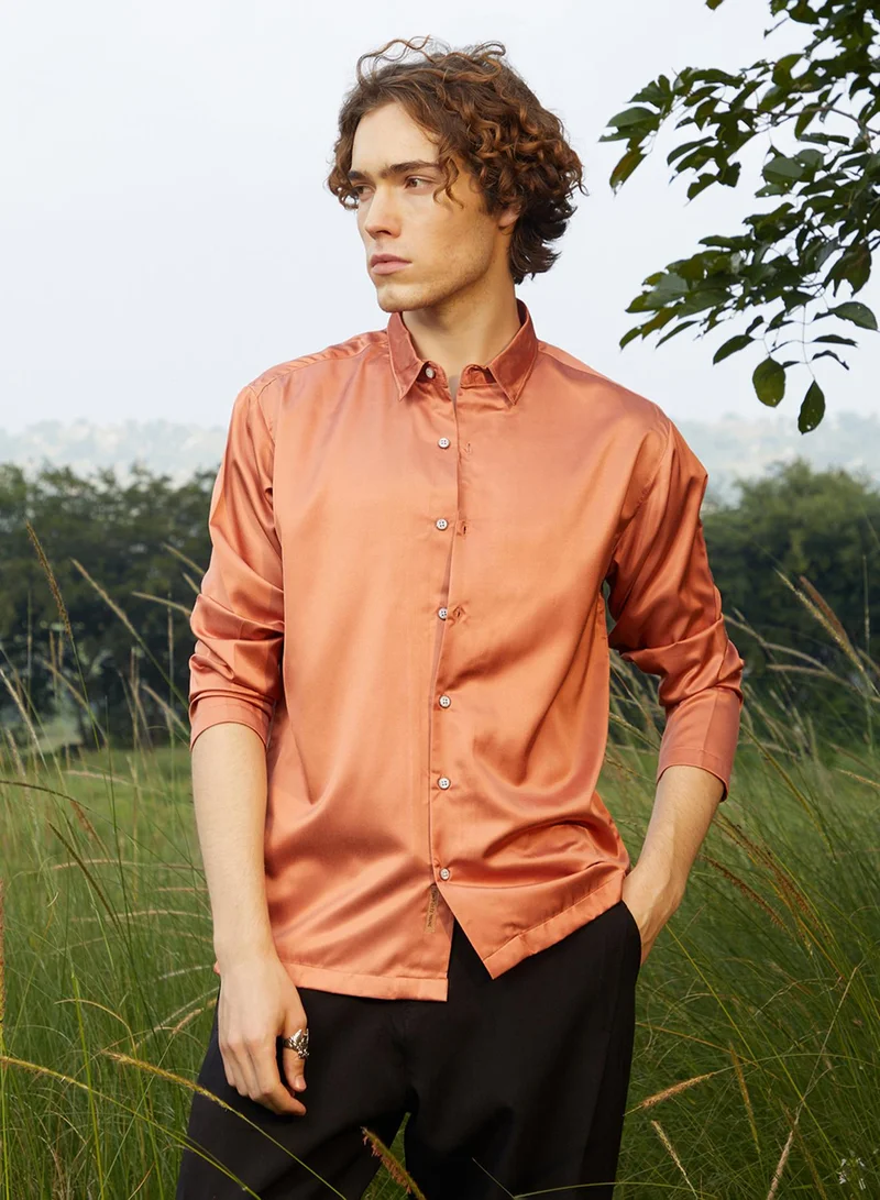 Campus Sutra Men's Copper Orange Satin Oversized Shirt