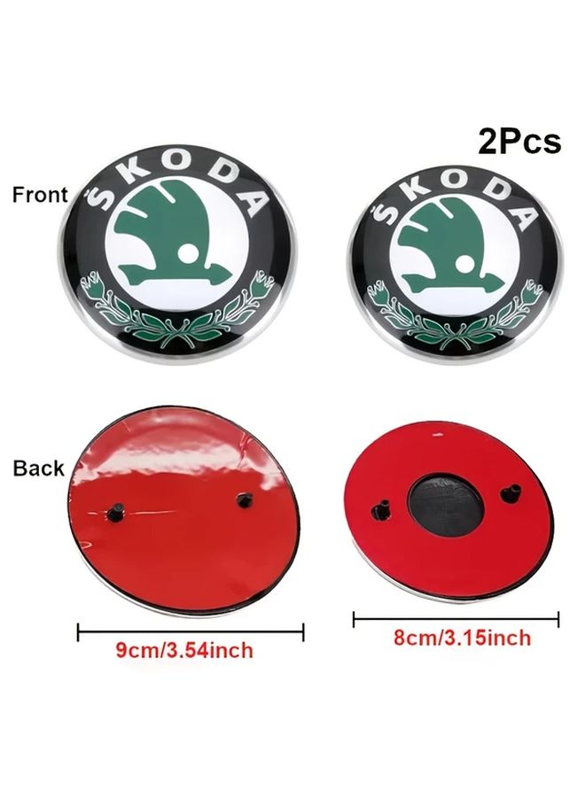 2 Black Green Skoda Emblem Set 80mm 90mm Durable Plastic Front Back Cover Sticker - Image 1