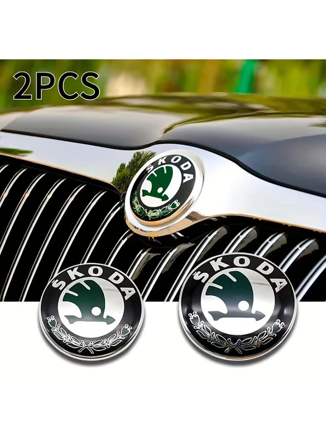 2 Black Green Skoda Emblem Set 80mm 90mm Durable Plastic Front Back Cover Sticker - Image 2