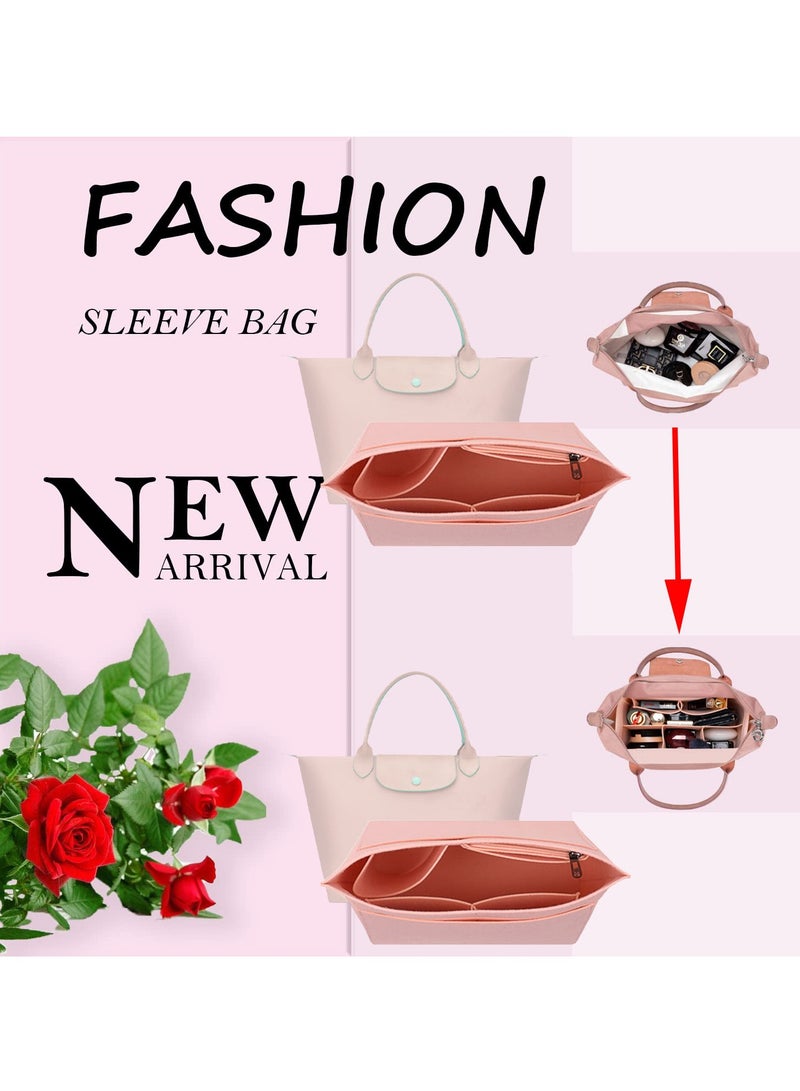 Excefore Multi-Pocket Felt Handbag Organizer, Folding Tote Bag organizer insert, Felt Organizer Insert Handbags & Base Shaper, for Insert Wallet Organizer for Longchamp (Small, Pink) - Image 4