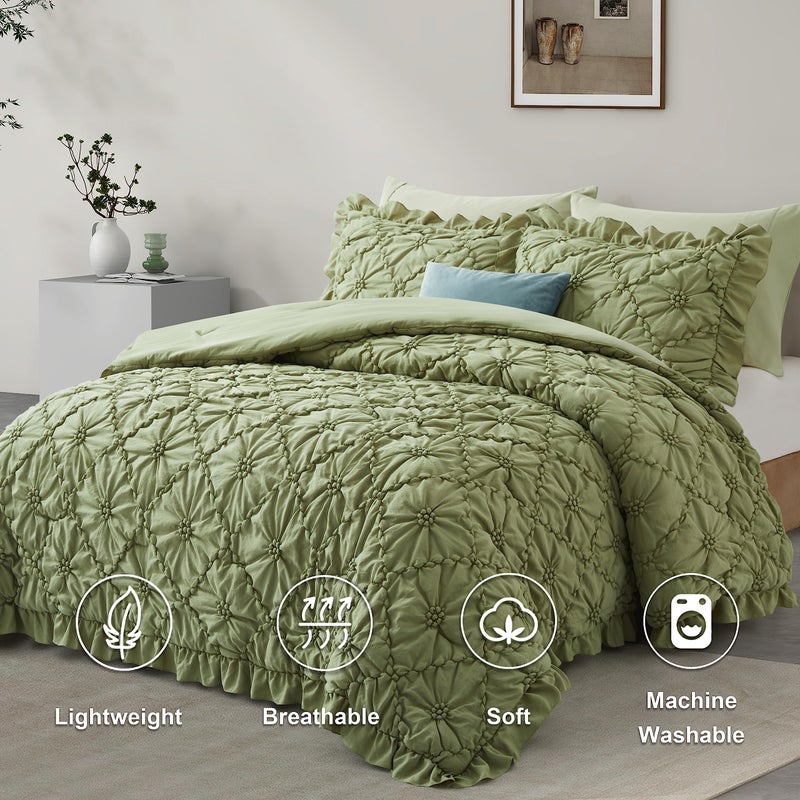 BEDAZZLED King Size Comforter Sets, Green Bedding Comforter Set, 3 Pieces Pinch Pleat Bedding Sets with Comforter and Pillowcases Soft Farmhouse Shabby Chic Comforter for All Season - Image 2