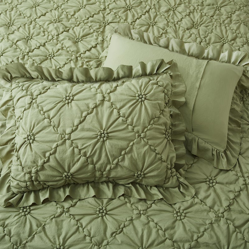 BEDAZZLED King Size Comforter Sets, Green Bedding Comforter Set, 3 Pieces Pinch Pleat Bedding Sets with Comforter and Pillowcases Soft Farmhouse Shabby Chic Comforter for All Season - Image 4