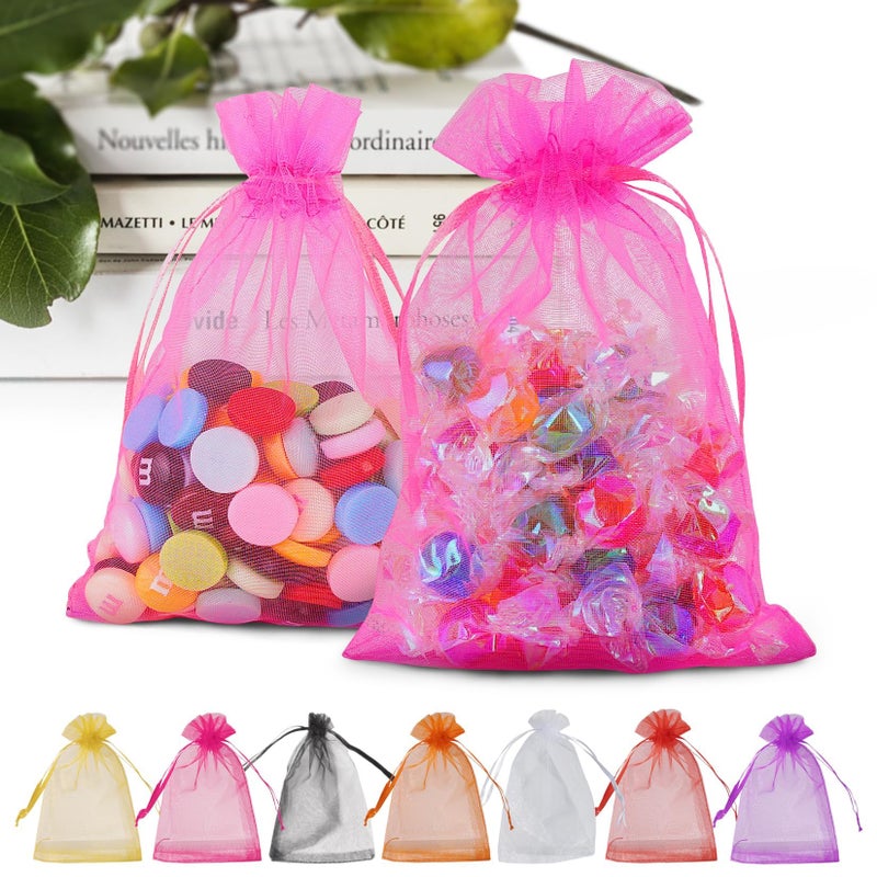 Anznku 50 Pack Hot Pink Organza Bags 5 X 7 Inch Mesh Drawstring Gift Bags Jewelry Bag Small Mesh Bag For Christmas Candy Party Wedding Favor - Image 1