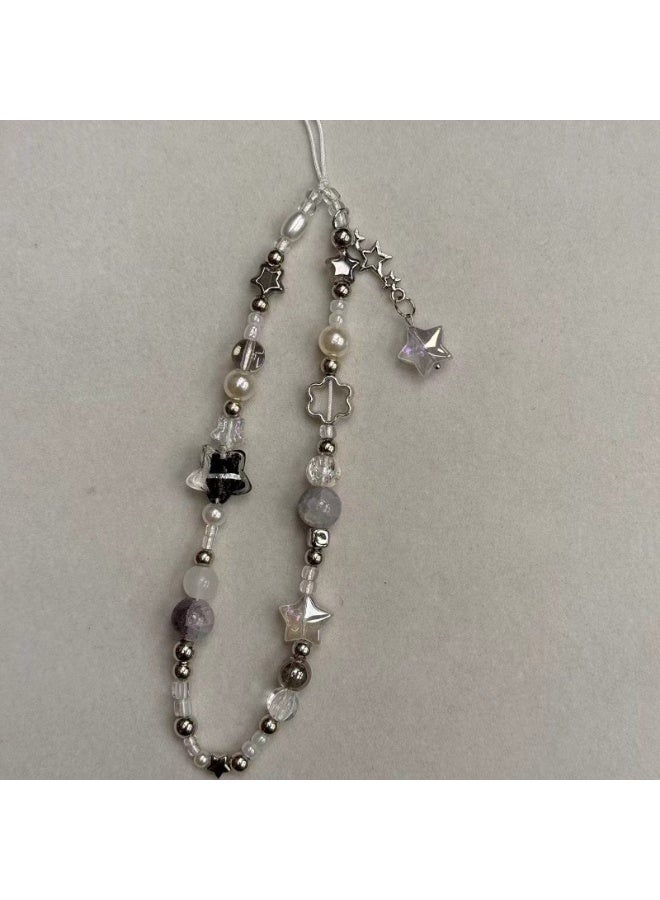 NIBEMINENT Beaded Phone Lanyard, Anti Lost Removable Wrist Strap, Star Cluster Bracelet Pendant, Phone Keychain Lanyard, White