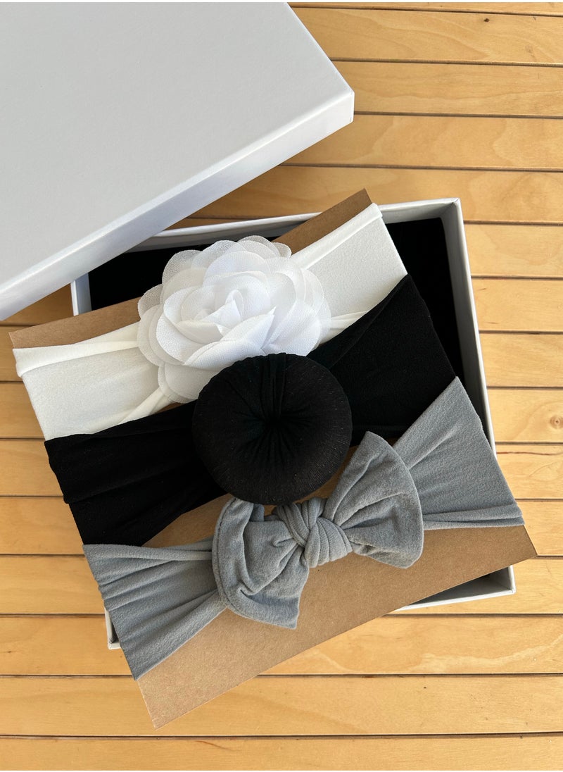 The Girl Cap - The Girl Cap Elastic Baby Headband Stretchable Nylon Assorted Hairbands Hair Accessories for Baby - 3PCs (White, Black, Grey) - Image 1