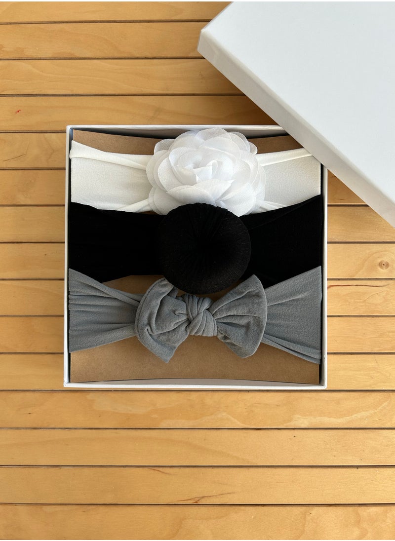 The Girl Cap - The Girl Cap Elastic Baby Headband Stretchable Nylon Assorted Hairbands Hair Accessories for Baby - 3PCs (White, Black, Grey) - Image 1