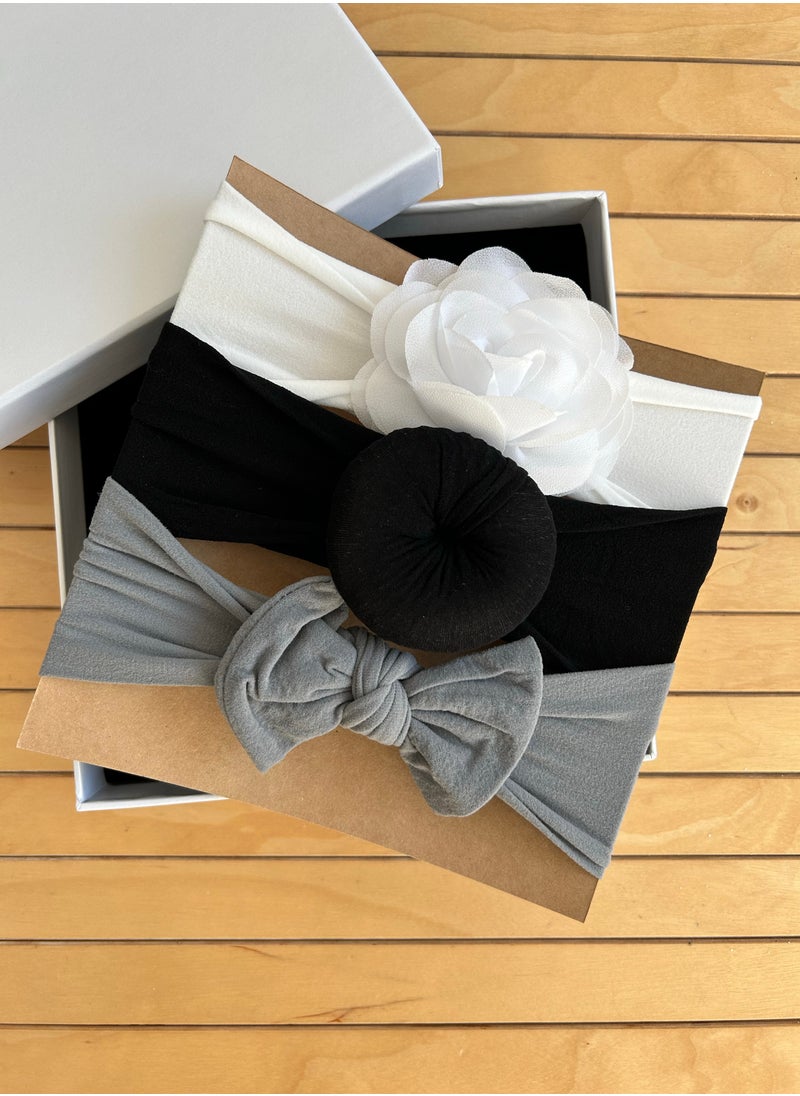 The Girl Cap - The Girl Cap Elastic Baby Headband Stretchable Nylon Assorted Hairbands Hair Accessories for Baby - 3PCs (White, Black, Grey) - Image 1