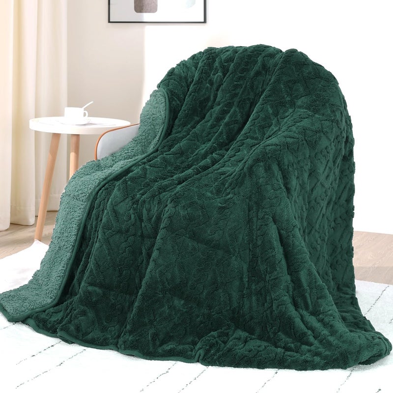 Drewin Queen Size 15 lbs Weighted Blanket for Adults, Soft Fuzzy Jacquard Sherpa Weighted Blankets for Sleeping, Cozy Sofa Bed Blanket for Winter, Dark Green, 48 x 72 inches - Image 1