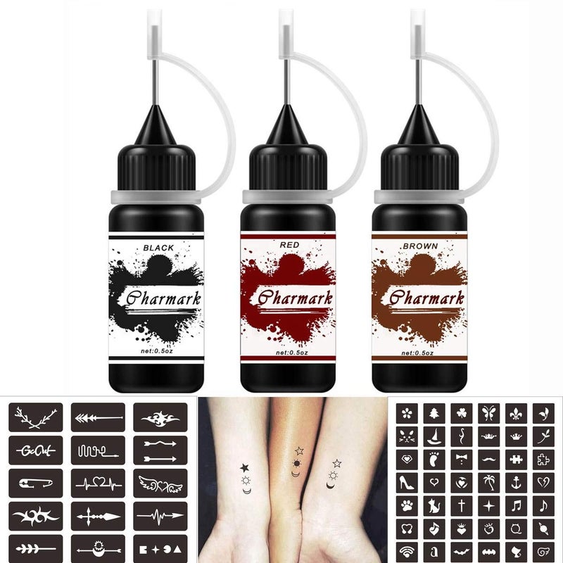 Charmark Temporary Kit for Women Men Semi Permanent Ink Summer Trend Art Painting DIY Fake Freckles 84 Pcs Stencils Full Kit 3 Colors BlackRedBrown