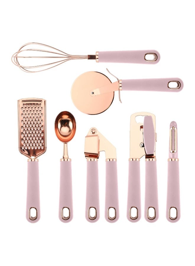 7 Piece Kitchen Gadget Set Copper Coated Stainless Steel Utensils, Soft Touch, Pink Handles - Image 1