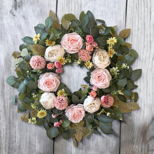 WANNA-CUL 24 Inch Spring Peony Wreaths for Front Door,Spring Mothers Day Wreath Gifts Decorations with Pink Rose and Pompon Button Chrysanthemum for Valentines Day,Indoor&Outdoor Decor - Image 5