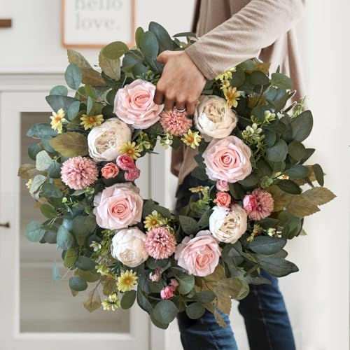 WANNA-CUL 24 Inch Spring Peony Wreaths for Front Door,Spring Mothers Day Wreath Gifts Decorations with Pink Rose and Pompon Button Chrysanthemum for Valentines Day,Indoor&Outdoor Decor - Image 4