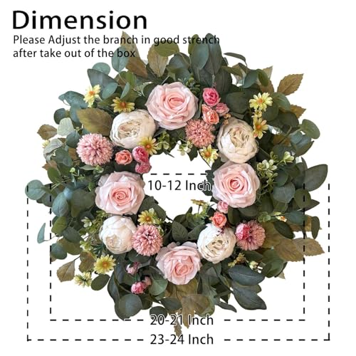WANNA-CUL 24 Inch Spring Peony Wreaths for Front Door,Spring Mothers Day Wreath Gifts Decorations with Pink Rose and Pompon Button Chrysanthemum for Valentines Day,Indoor&Outdoor Decor - Image 2