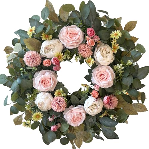 WANNA-CUL 24 Inch Spring Peony Wreaths for Front Door,Spring Mothers Day Wreath Gifts Decorations with Pink Rose and Pompon Button Chrysanthemum for Valentines Day,Indoor&Outdoor Decor - Image 1