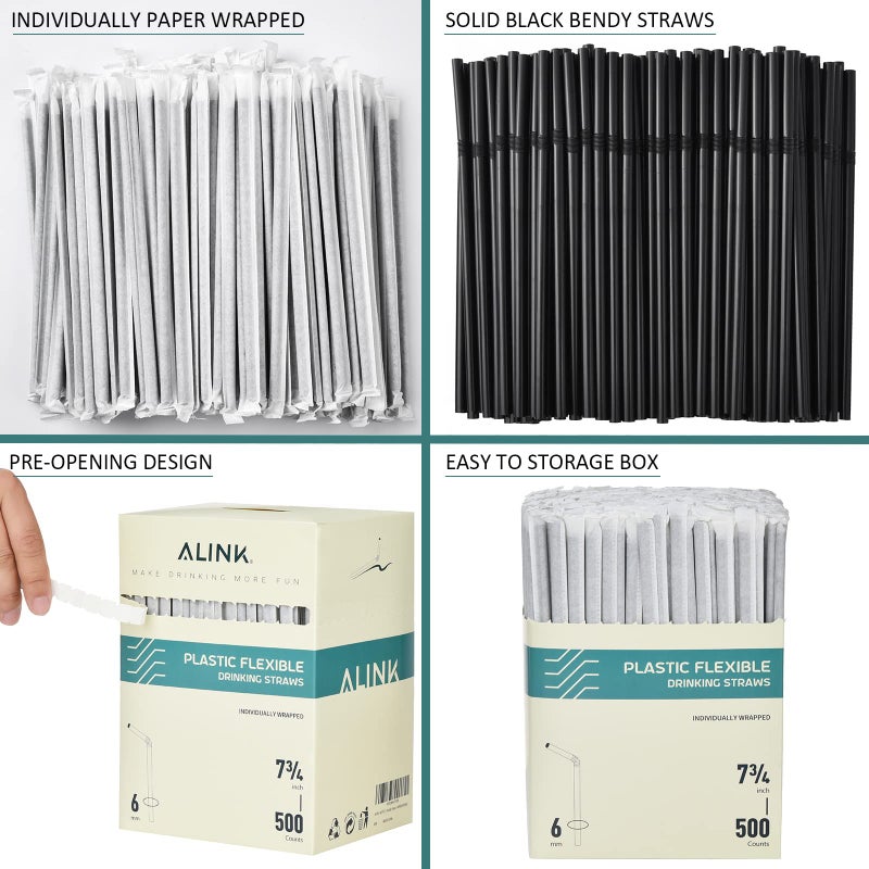 ALINK 500 Count Black Plastic Flexible Drinking Straws  Individually Wrapped Plastic Disposable Bendy Straws - 7.75"" x 0.23"" - Image 3