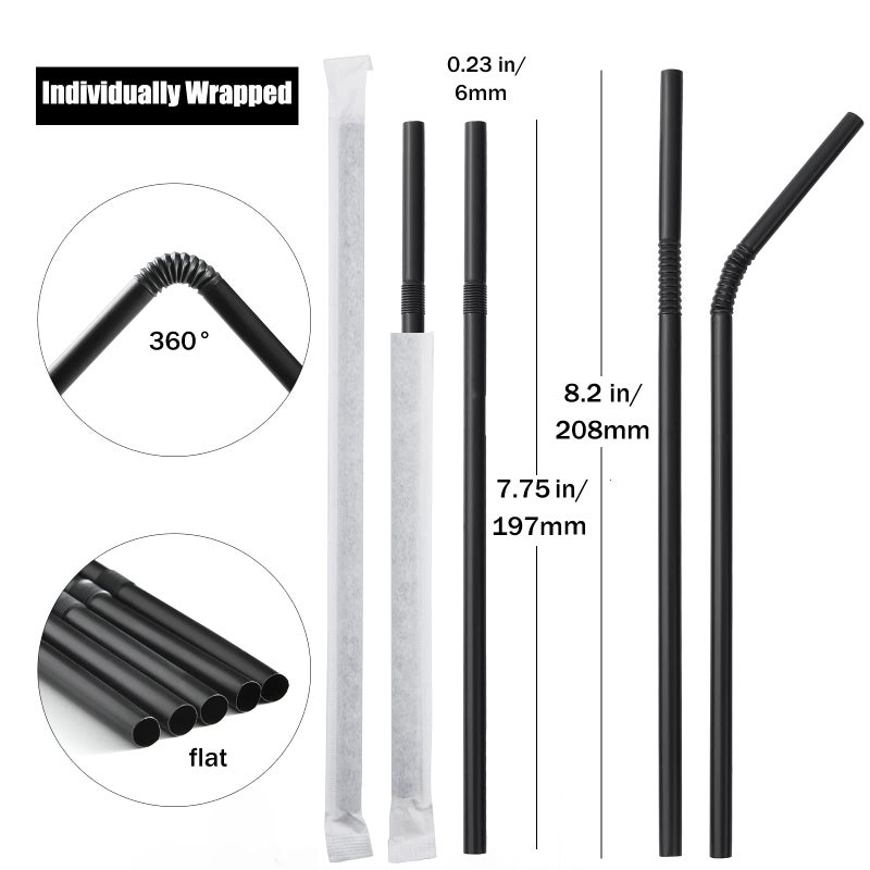 ALINK 500 Count Black Plastic Flexible Drinking Straws  Individually Wrapped Plastic Disposable Bendy Straws - 7.75"" x 0.23"" - Image 2