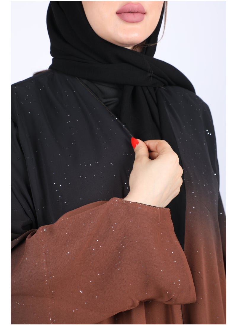عباية طويلة من قماش شيفون ملون لامع  ذات أناقة عصرية  ولمسات احترافية  بأكمام طويلة مع طرحة ,أسود-بني