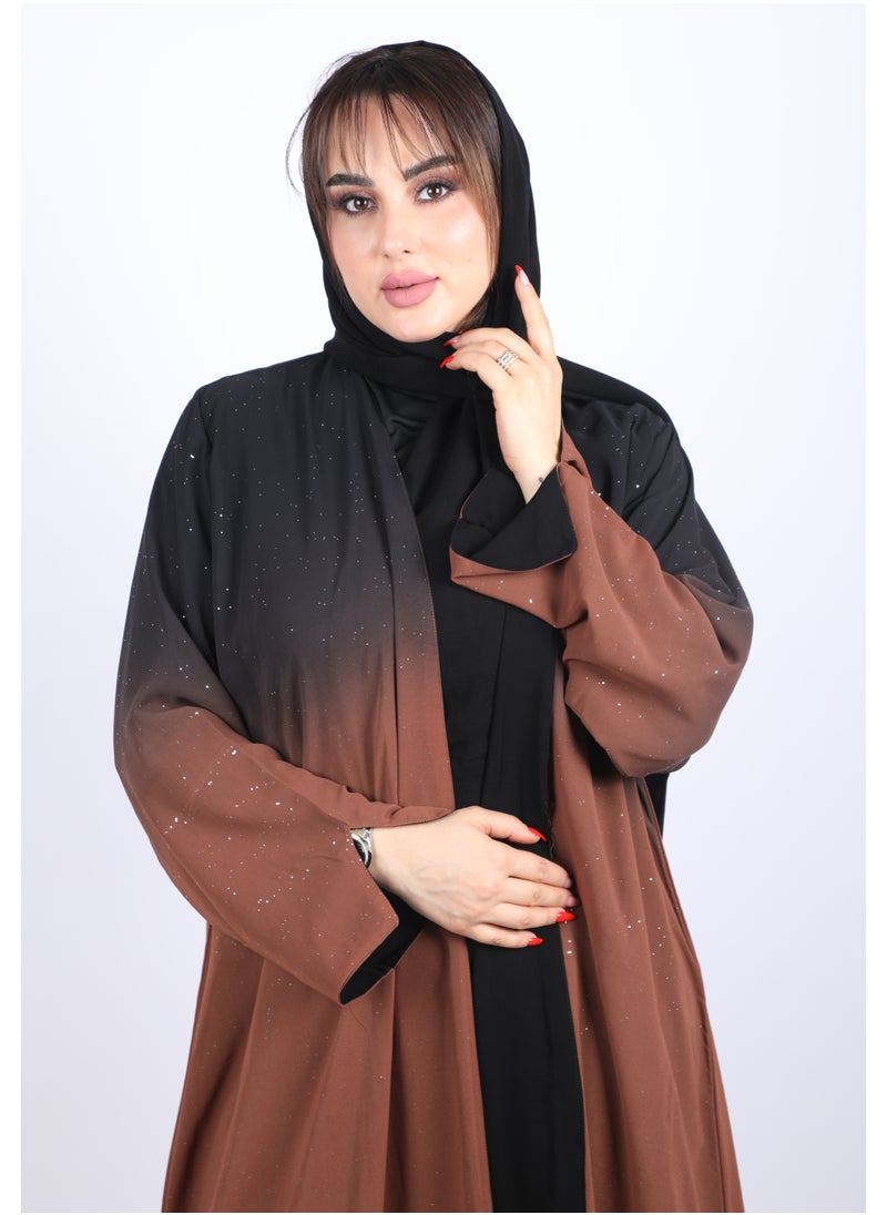 عباية طويلة من قماش شيفون ملون لامع  ذات أناقة عصرية  ولمسات احترافية  بأكمام طويلة مع طرحة ,أسود-بني