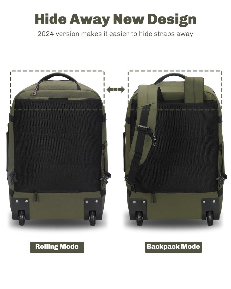 Hynes Eagle Rolling Backpack 42L Backpack with Wheels Airline Approved Carry on Luggage Laptop Travel Suitcase Bag for Women Men Dark Green - Image 3
