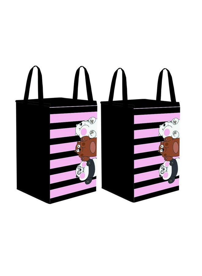 PrettyKrafts 75 L Non Woven Panda Printed Rectangular Foldable Large Laundry Bag/Basket With Lid & Handles, Freestanding Clothes Storage Organizer for Bedroom (36x36x53cm, Pink, Set of 2) - Image 1