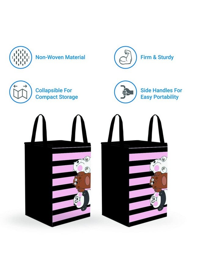 PrettyKrafts 75 L Non Woven Panda Printed Rectangular Foldable Large Laundry Bag/Basket With Lid & Handles, Freestanding Clothes Storage Organizer for Bedroom (36x36x53cm, Pink, Set of 2) - Image 2