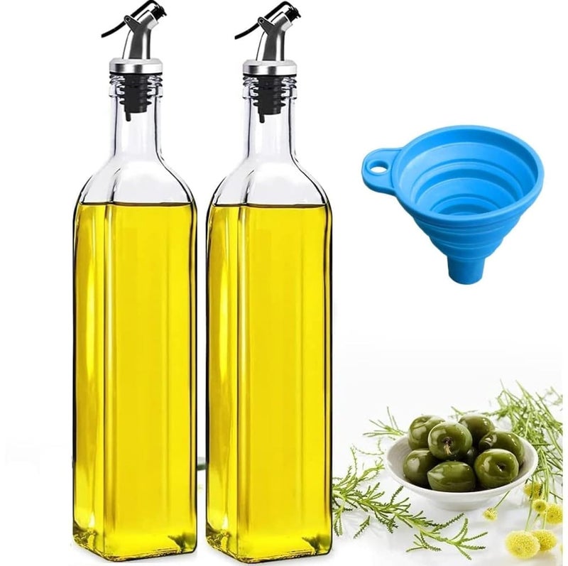 Emergity Glass 500 ml Oil Dispenser for Kitchen Vinegar Bottle Oil Container Oil Pourer 2 Pieces Oil Bottle 1 Silicone Funnel Transparent Clear