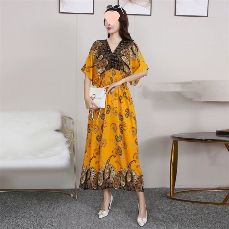 Cotton Silk Dress Mid-Length Beach Dress Cotton Silk Summer Fashion Large Size Floral Seaside Vacation Bohemian Long Dress Cashew yellow