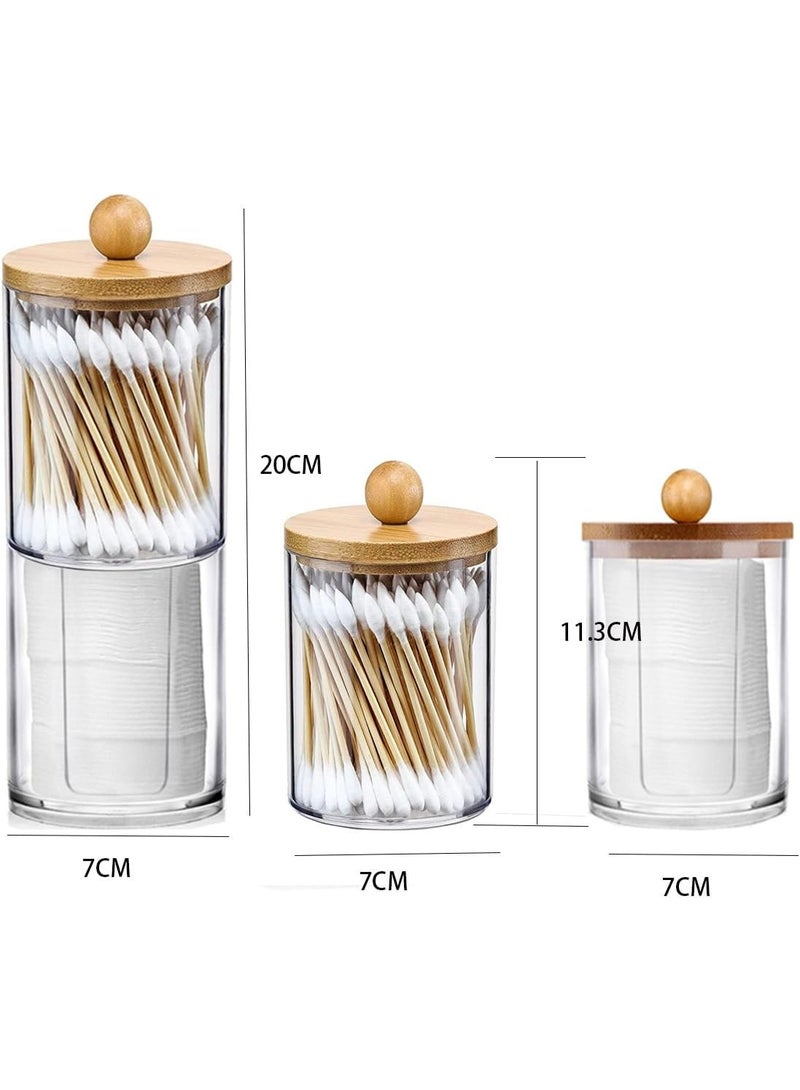 تراسل برطمانات الحمام موزع حامل أعواد الأسنان، 3 عبوات برطمانات حمام بأغطية من الخيزران، برطمانات أعواد أسنان، حاويات شفافة للأغراض، كرات قطنية، فوط مستديرة، منظم أعواد أسنان، حل تخزين ديكوري - Image 3
