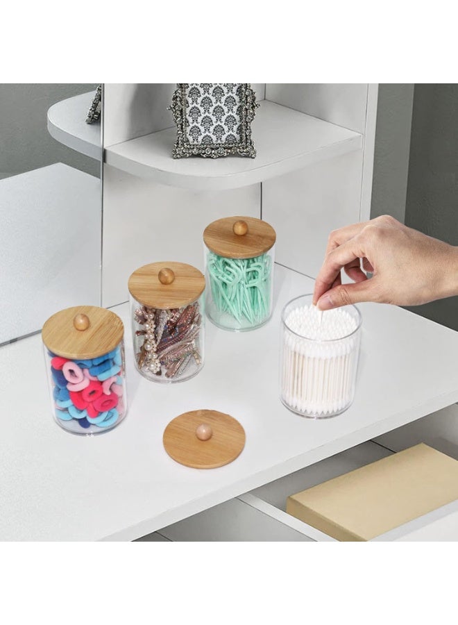 تراسل برطمانات الحمام موزع حامل أعواد الأسنان، 3 عبوات برطمانات حمام بأغطية من الخيزران، برطمانات أعواد أسنان، حاويات شفافة للأغراض، كرات قطنية، فوط مستديرة، منظم أعواد أسنان، حل تخزين ديكوري - Image 5