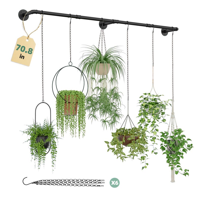 Galood Plant Hanger Indoor with 6 Hanging Chains Hanging Planters for Indoor Plants Hanging Plant Holder Window Plants Rod Black Metal Shelves(70.8 Inch Pot not Included - Image 1