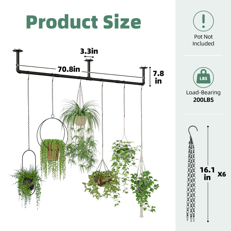 Galood Plant Hanger Indoor with 6 Hanging Chains Hanging Planters for Indoor Plants Hanging Plant Holder Window Plants Rod Black Metal Shelves(70.8 Inch Pot not Included - Image 5