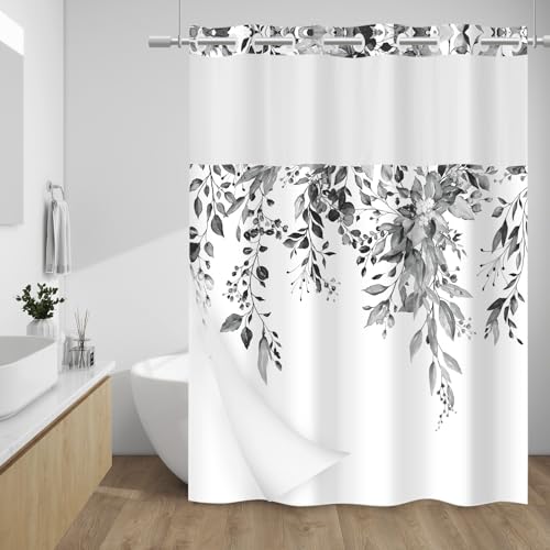 WITHLOC No Hook Shower Curtain with Snap in Liner - Eucalyptus Shower Curtain - Washable Waterproof Inner Liner, Plants Black Leaves Modern Shower Curtains - Machine Washable, 71 x 74 - Image 1