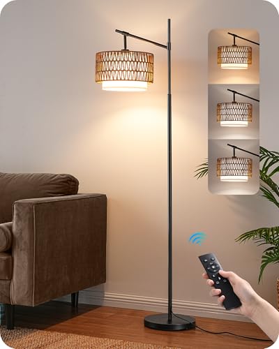 EDISHINE Rattan Floor Lamp with Dimmable Bulb, 5 Color Temperatures, Adjustable Farmhouse Standing Lamp with Remote, Black Floor Lamps for Living Room, Office, Bedroom - Image 1