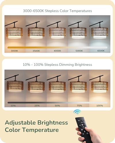 EDISHINE Rattan Floor Lamp with Dimmable Bulb, 5 Color Temperatures, Adjustable Farmhouse Standing Lamp with Remote, Black Floor Lamps for Living Room, Office, Bedroom - Image 5