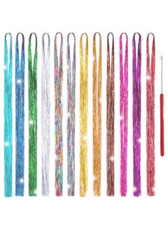 Edoneery Hair Tinsel Kit 12 Colors, 2500 Strands 48 Inches Sparkling Tinsel Hair Extensions with Tool, Fairy Hair Tinsel for Birthday Halloween Christmas New Year Party  - Image 1