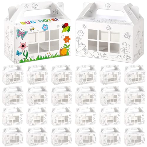 Justforjoyful 24 Pack Color Your Own Bug Hotel Box Cardboard Bugs Catchers Critters Collection Party Supplies Insect Gable Box Container with Window for Spring Summer Garden VBS Craft Favors - Image 1