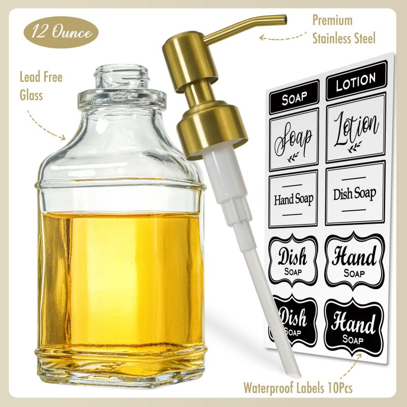 JASAI Antique Square Glass Soap Dispenser with Golden Rust Proof Pump, Refillable soap Dispenser with 10Pcs Stickers for Kitchen, Dish Soap Dispenser for Kitchen Bathroom Soap, Hand soap, Lotion. - Image 2