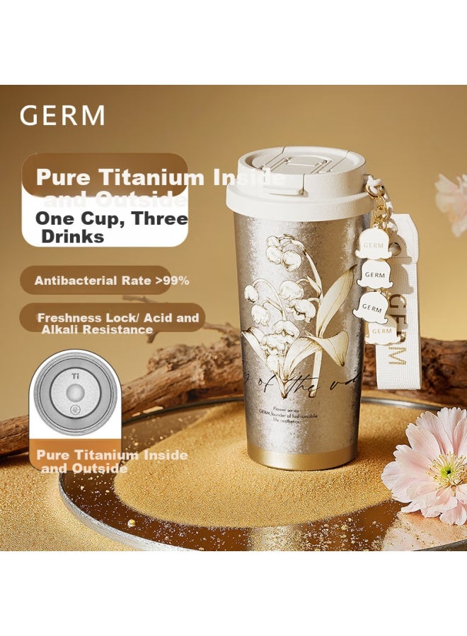 Germ Pure Titanium Insulated Mug, Van Gogh Co-branded, Dual-drinking Straw Coffee Water Cup Gift Mug, 500ml Lily Of The Valley - Image 1