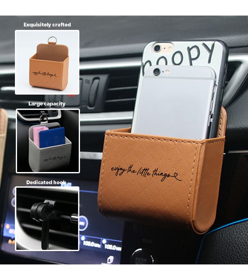 Brown Pu Leather Car Air Vent Organizer Bag Quilted Storage Pouch With Metal Hook For Glasses Keys Phone Universal Vehicle Interior Accessories - Image 5