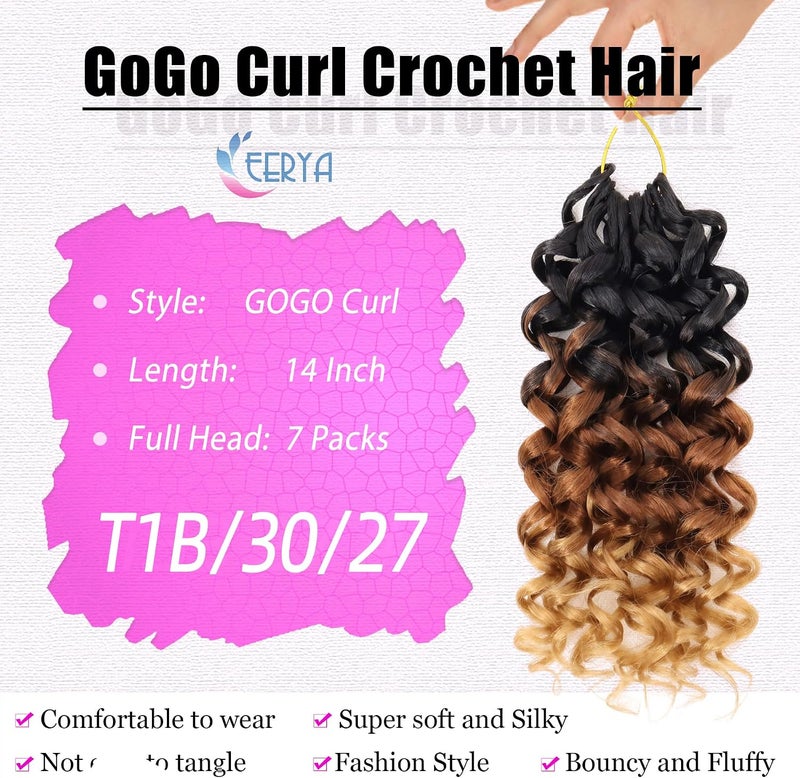Eerya 7 Packs GoGo Curl Crochet Hair 14 Inch Short Curly Crochet Hair for Women Beach Curl Water Wave Deep Twist Crochet Braids Synthetic Braiding Hair Extensions (14 Inch, T1B/30/27) - Image 3
