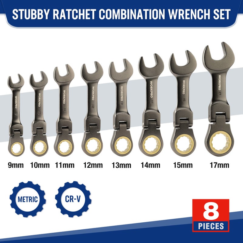 WORKPRO 8 Piece Flex Head Stubby Ratcheting Combination Wrench Set, Metric 9-17 mm, 72-Teeth, CRV, Nickel Plating with Rolling Pouch - Image 2