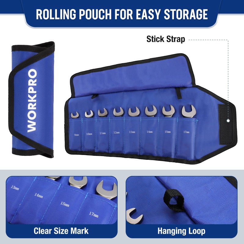 WORKPRO 8 Piece Flex Head Stubby Ratcheting Combination Wrench Set, Metric 9-17 mm, 72-Teeth, CRV, Nickel Plating with Rolling Pouch - Image 5