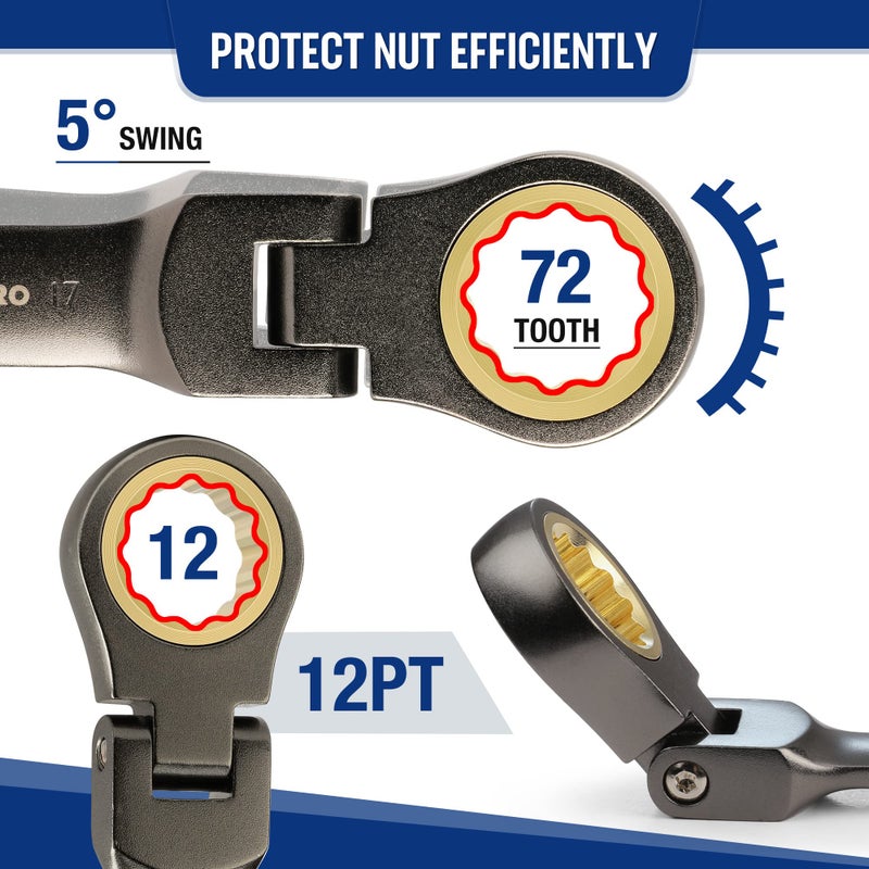 WORKPRO 8 Piece Flex Head Stubby Ratcheting Combination Wrench Set, Metric 9-17 mm, 72-Teeth, CRV, Nickel Plating with Rolling Pouch - Image 4